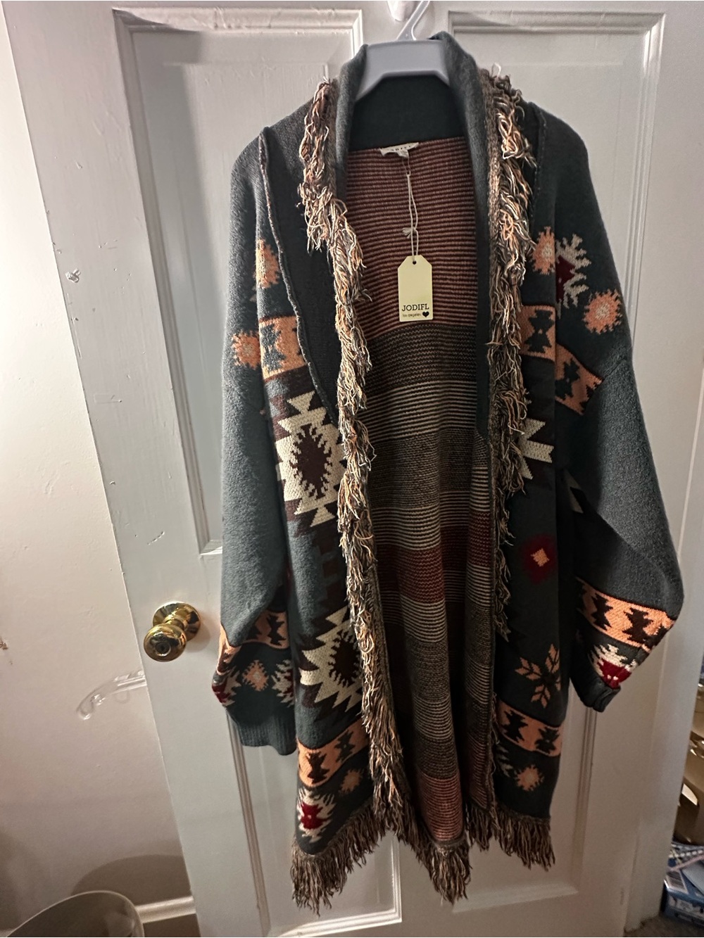 JODIFL Gray Open-Front Cardigan with Tan & Cream Southwestern Pattern